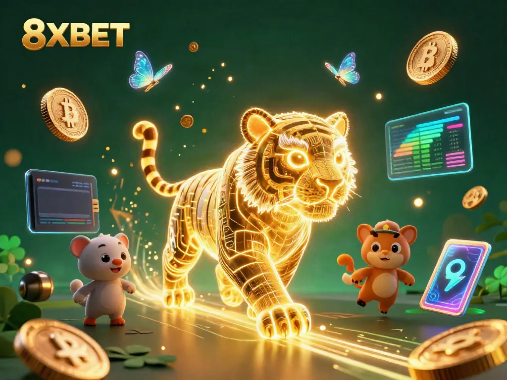 Experience the excitement of 8XBET with a vibrant digital casino scene featuring a neon tiger and holographic elements.