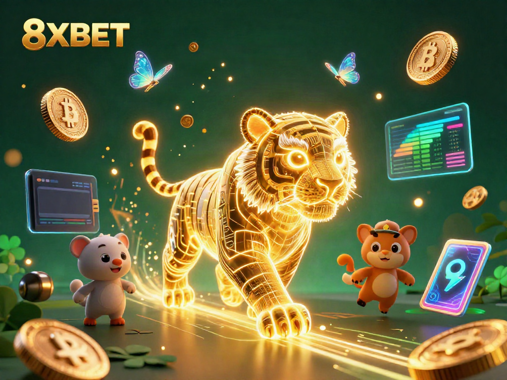 Experience the excitement of 8XBET with a vibrant digital casino scene featuring a neon tiger and holographic elements.