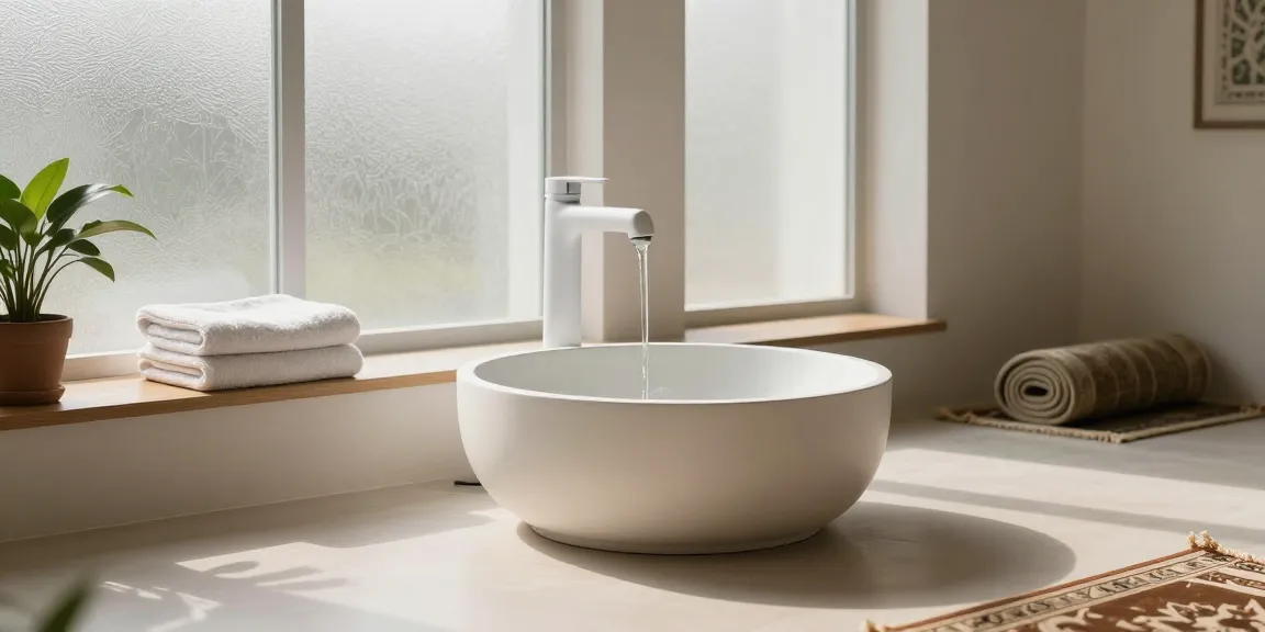 Ablution wash basin in a serene prayer space, featuring soft lighting and elegant design elements that enhance the cleansing experience.