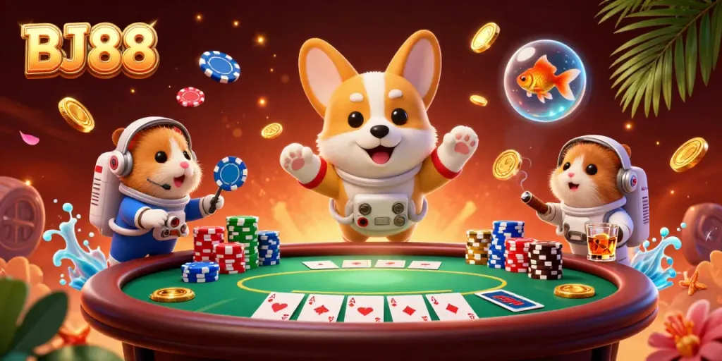 BJ88 showcases a floating corgi in a vibrant casino scene filled with poker chips and games.