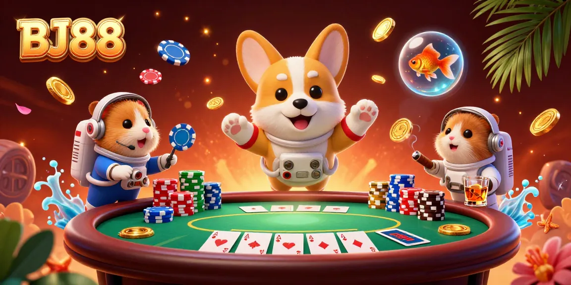 BJ88 showcases a floating corgi in a vibrant casino scene filled with poker chips and games.