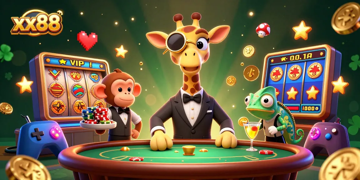 Experience the excitement of xx88 with a vibrant 3D casino scene featuring a high-roller giraffe and colorful game elements.