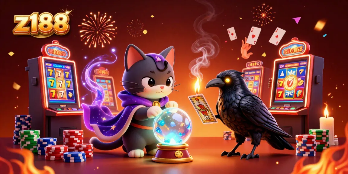 Experience the thrill of winning at z188 with lively slot machines and vibrant casino elements surrounding mystical characters.