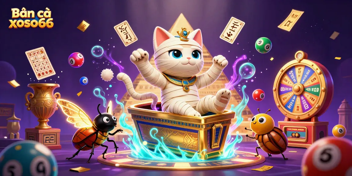 Bắn cá xoso66 brings excitement with a dynamic scene of a mummy cat, colored lottery balls, and casino elements.