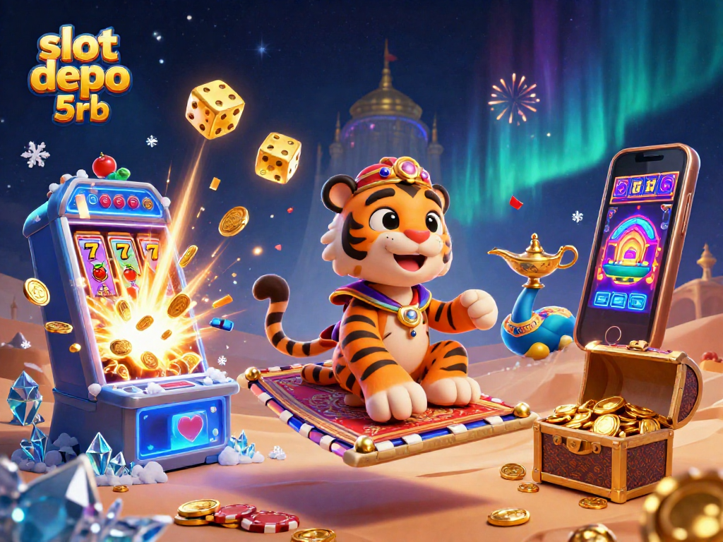 Experience the excitement of slot depo 5rb with a dazzling 3D illustration showcasing catalogs of jackpots and dynamic game features.