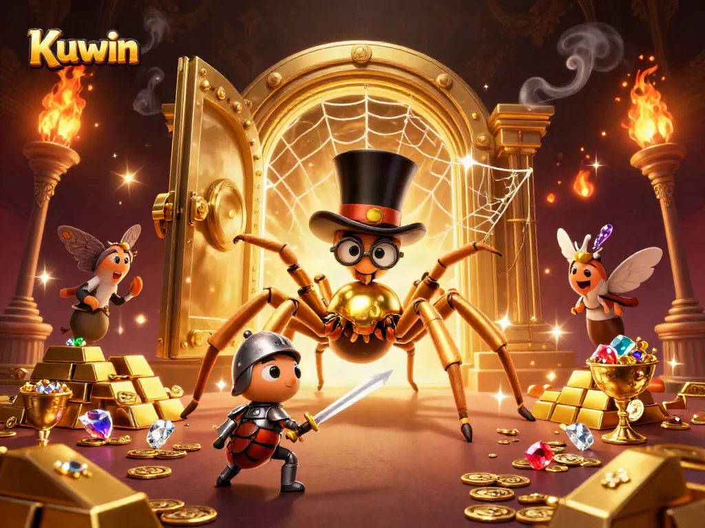 Kuwin showcases a vibrant scene of a golden tarantula weaving amidst casino pillars, attracting moth spectators, perfect for gaming enthusiasts.