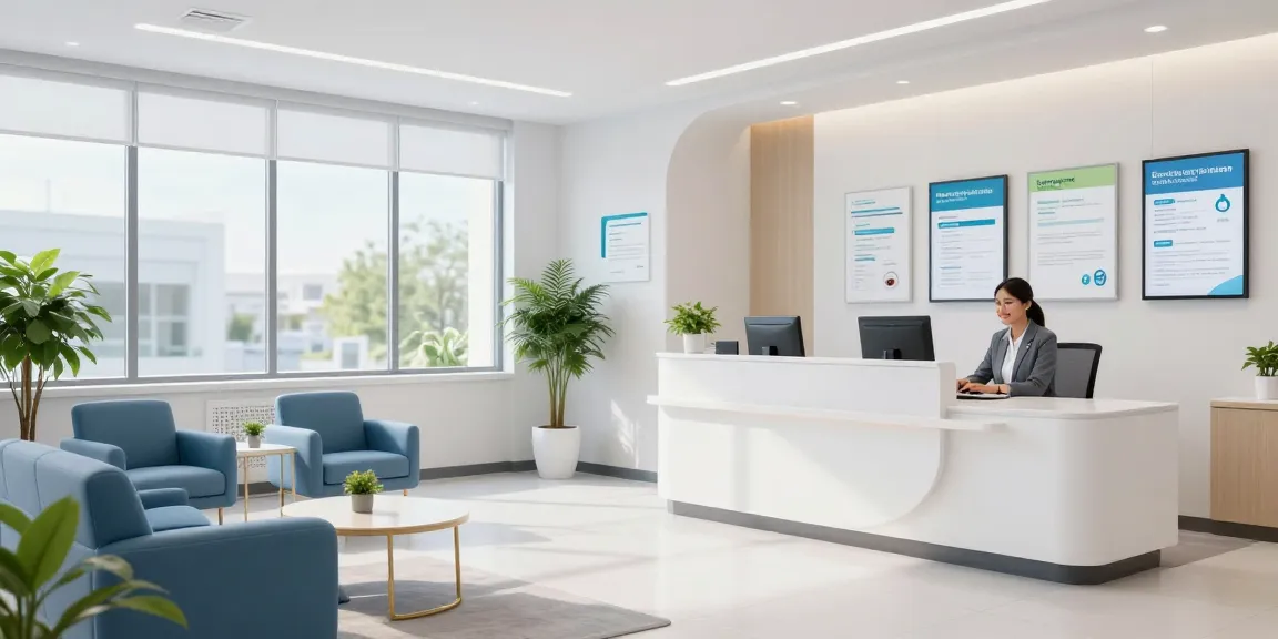 Freelancer health insurance options discussed in a welcoming healthcare clinic, featuring patient care elements and medical services.