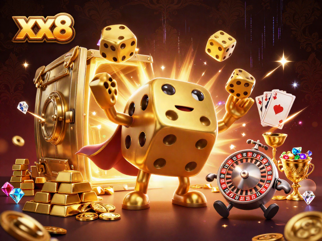 Experience thrilling wins with xx8 in a vibrant casino scene filled with golden treasures and excitement.