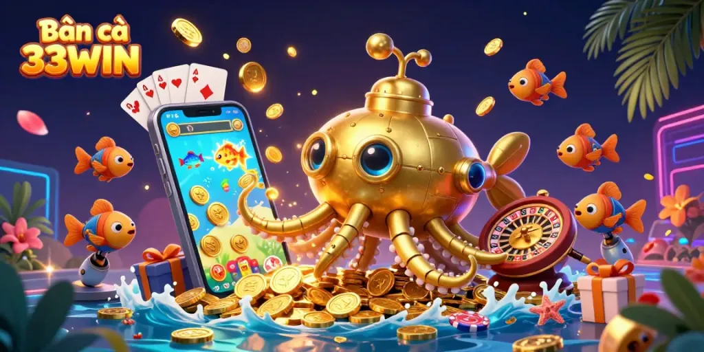 Bắn cá 33WIN showcases a vibrant underwater scene with a mechanical kraken, coins, and gaming elements.