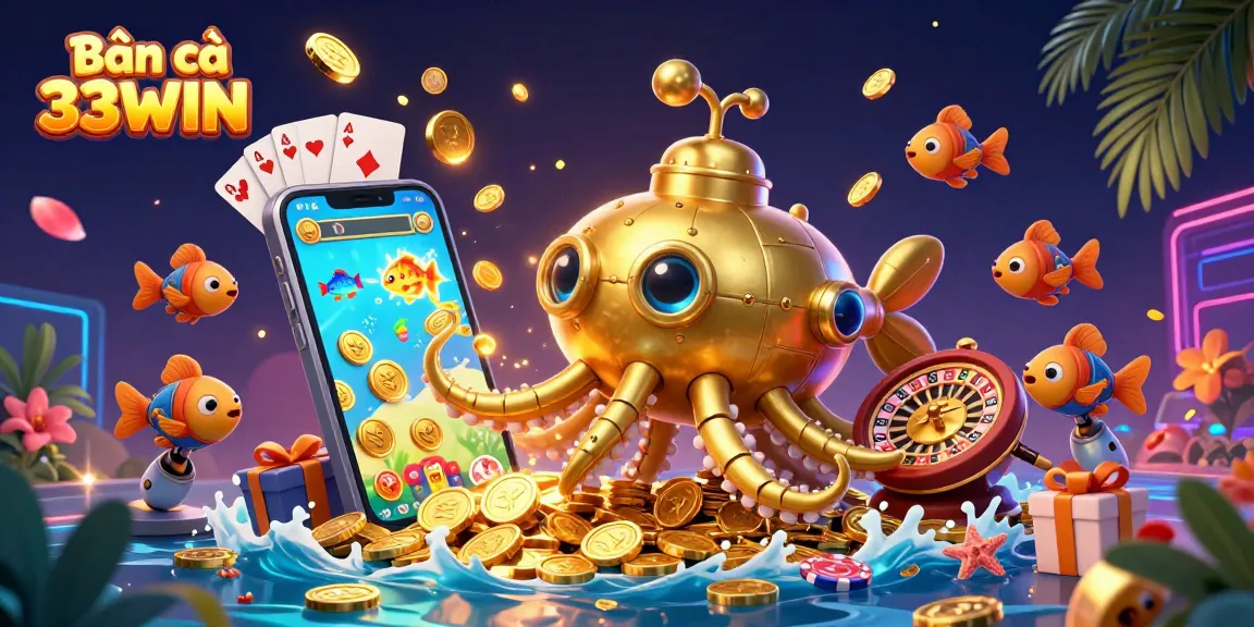 Bắn cá 33WIN showcases a vibrant underwater scene with a mechanical kraken, coins, and gaming elements.