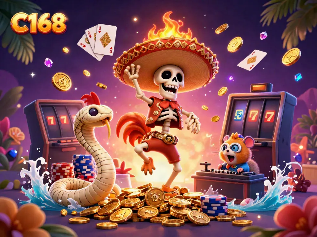 C168 engages players with vibrant victory dance, surrounded by coins and gaming elements.