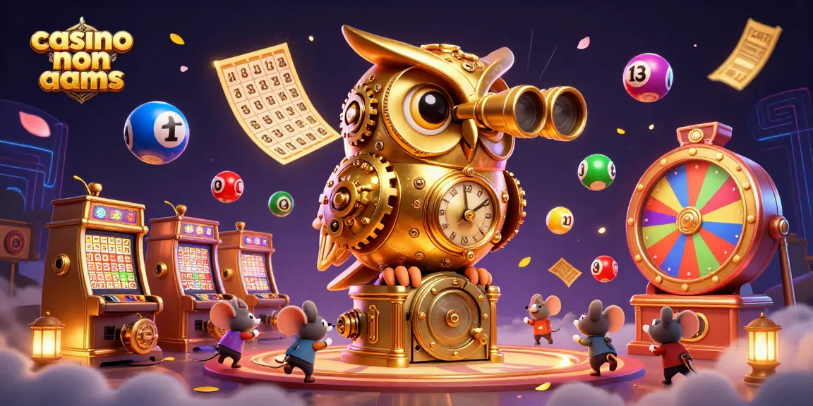 Casino non AAMS con un gufo e topini che giocano tra slot machines, atmosfere vivaci.
