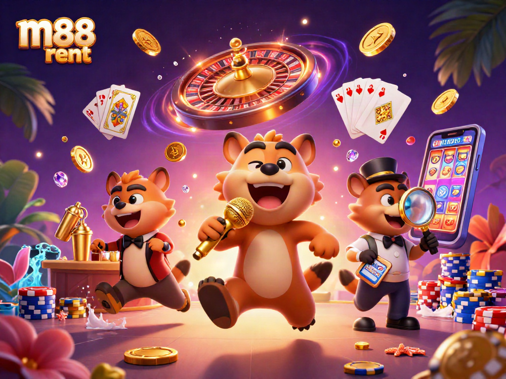 Join the fun at m88 rent's lively comedy casino club featuring hyenas, sparkling gems, and golden chips.