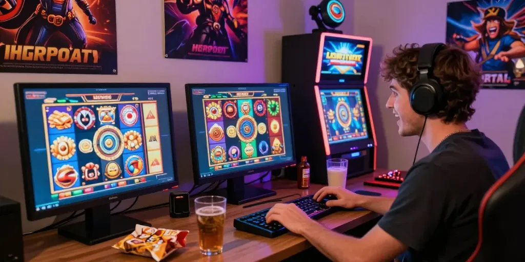 Pengguna bermain slot online dengan antusias, dikelilingi oleh perangkat gamin yang menarik.