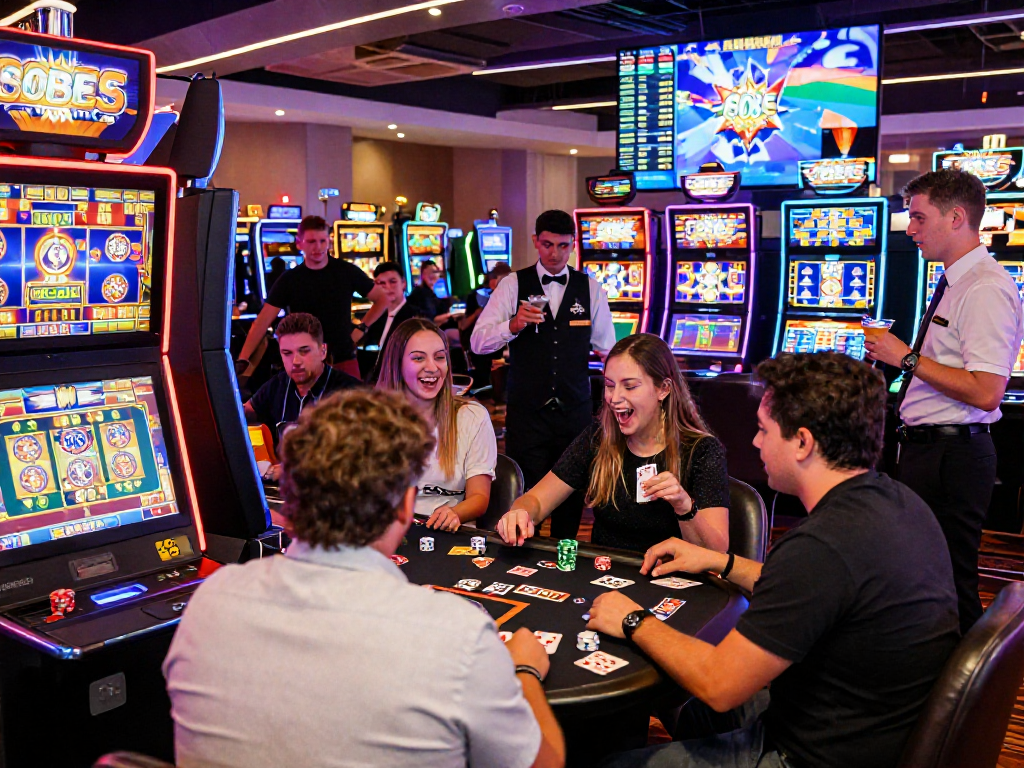 Players enjoying thrilling slot88 games at a vibrant casino, engaging with colorful graphics and exciting atmosphere.