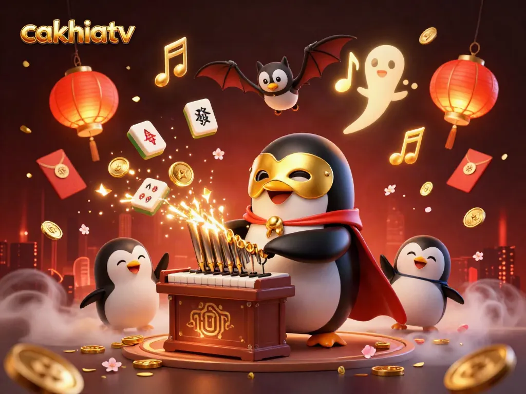 Cakhiatv brand showcases a vibrant gambling scene, featuring a penguin playing an organ with golden coins.