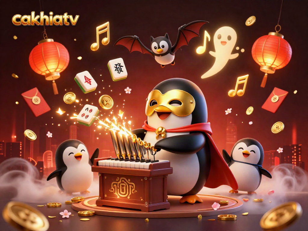 Cakhiatv brand showcases a vibrant gambling scene, featuring a penguin playing an organ with golden coins.