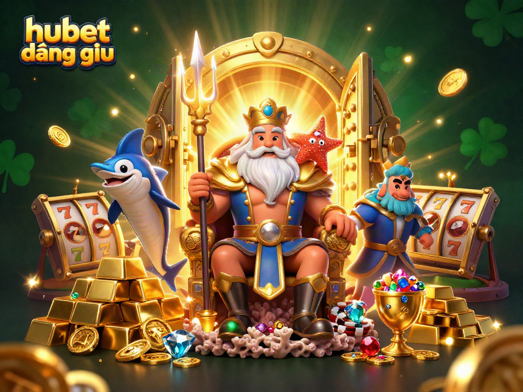 Engage with the vibrant world of hubet đăng nhập where 3D Neptune presides over a lively casino scene filled with riches.