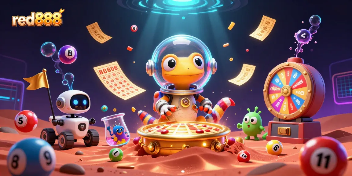 Experience the thrill of red888 casino adventures with a Martian gecko and excitement from vibrant lottery elements.