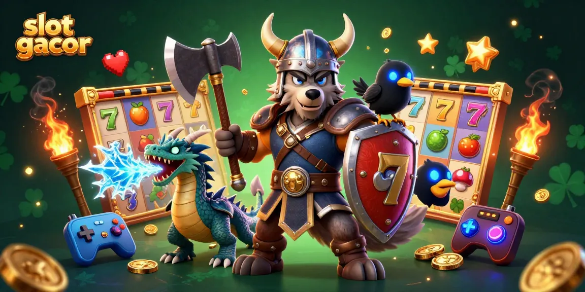 Engage with thrilling slot gacor machines featuring Viking warriors and icy dragons in this vibrant casino illustration.