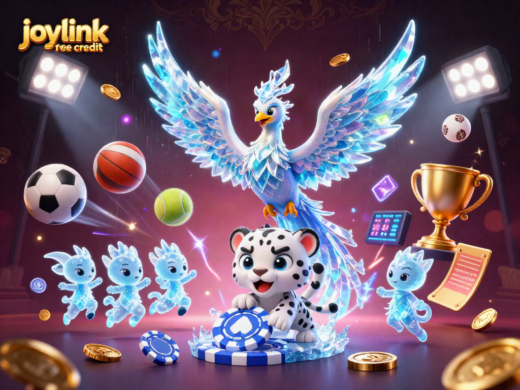 Experience joylink free credit with unique characters in a vibrant casino-themed illustration.