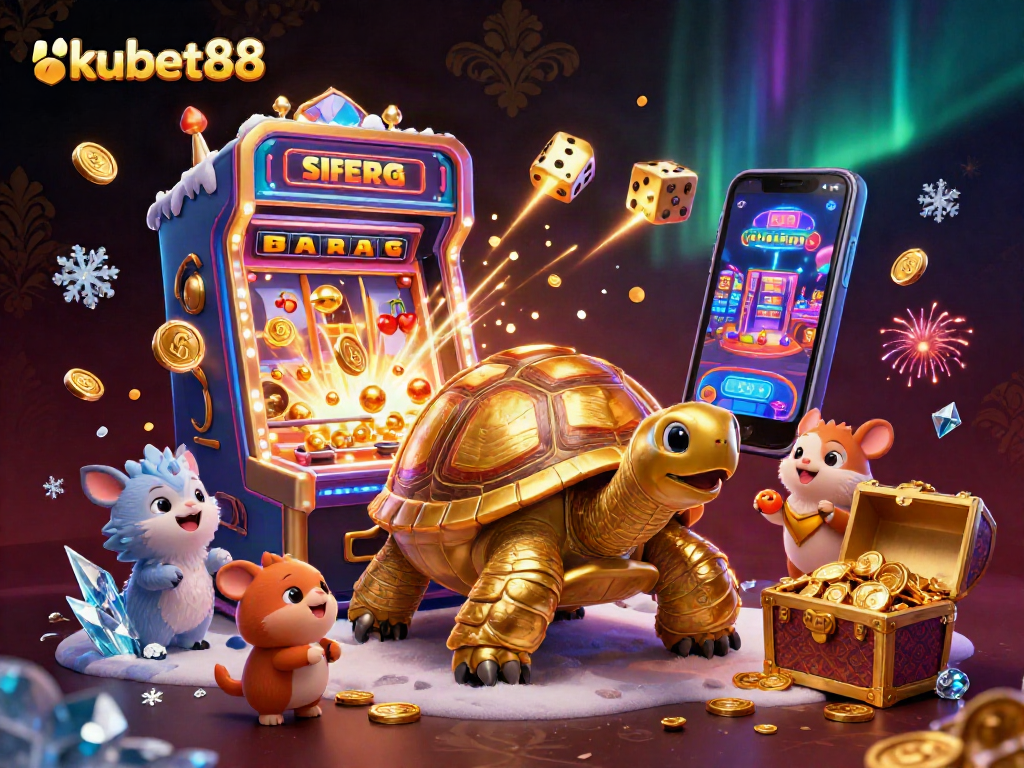 Engage with kubet88's dynamic slots experience illustrated in colorful 3D with a joyful golden tortoise.