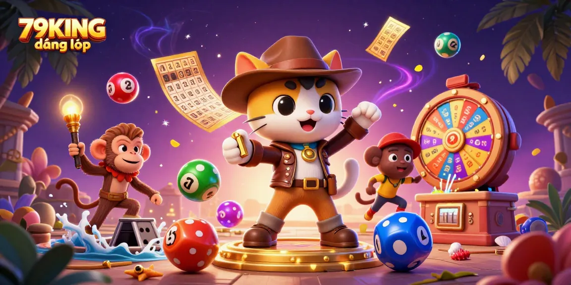 Join the adventure at 79KING đăng nhập, finding treasures in a vibrant casino-themed illustration.