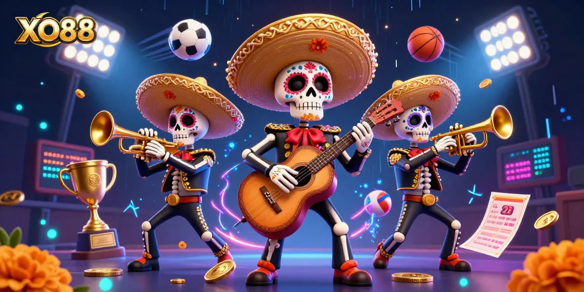 Experience thrilling action with XO88 as a mariachi band and sports elements collide in this vibrant gaming scene.