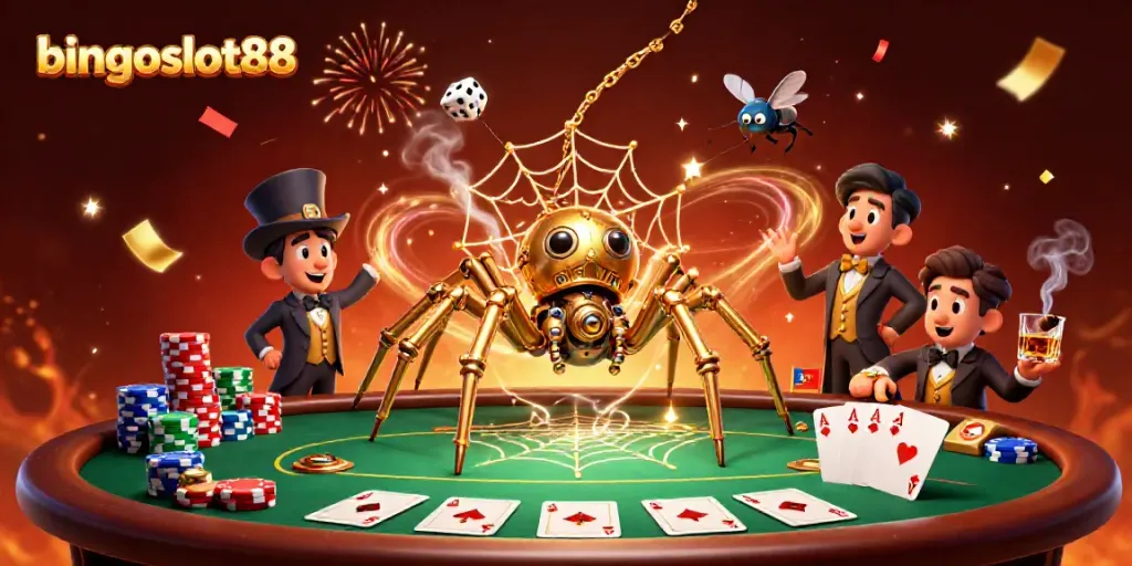 Visualisasikan bingoslot88 dengan laba-laba steampunk menangkap dadu sial di webnya di kasino