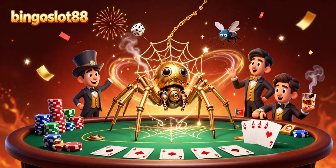 Visualisasikan bingoslot88 dengan laba-laba steampunk menangkap dadu sial di webnya di kasino
