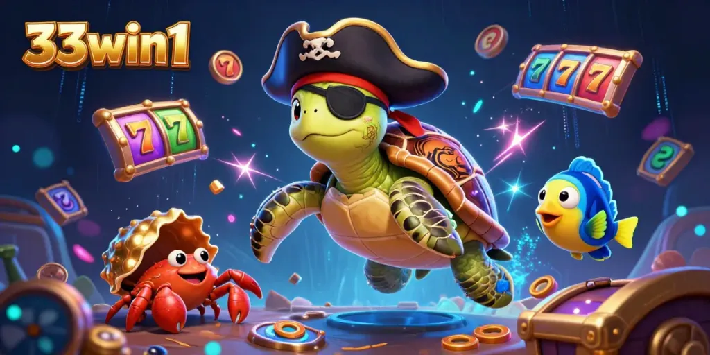 Experience the thrill of 33win1 with a vibrant 3D illustration featuring casino elements and oceanic adventure.