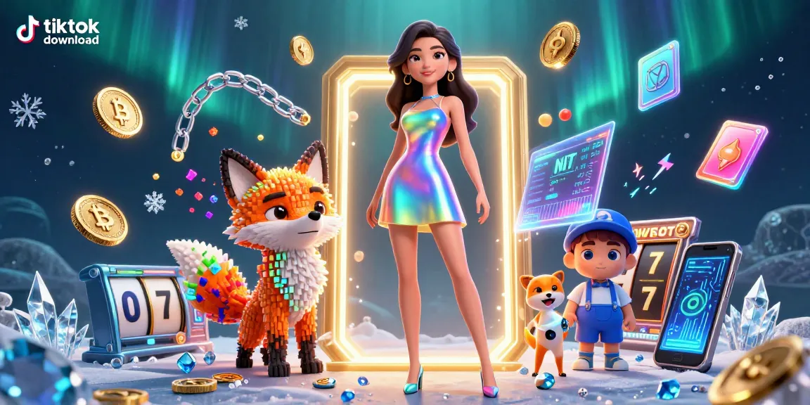 Engage in the tiktok download experience with vibrant visuals of slot reels and crypto elements.