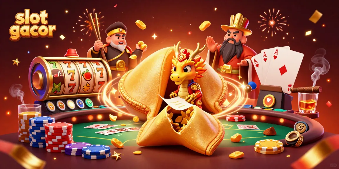 Experience thrilling slots with our exciting slot gacor scene featuring golden fortune cookies and vibrant characters.