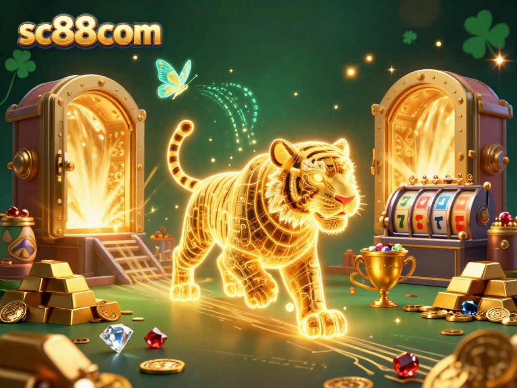 Experience sc88com's vibrant golden tiger in a digital casino, surrounded by treasures and energy.