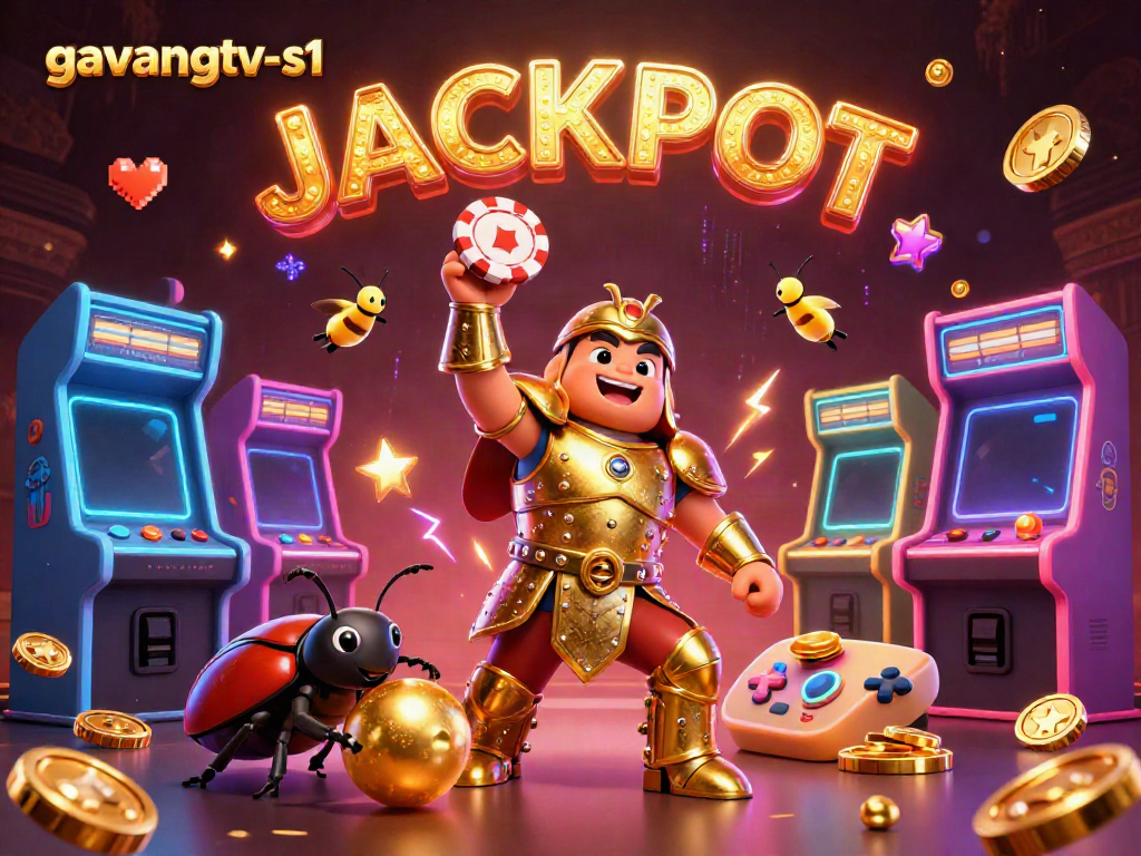 Description of a lively scene featuring the keyword "gavangtv-s1" as a cartoon hercules beetle celebrates victory with poker chips amidst an arcade ambiance.