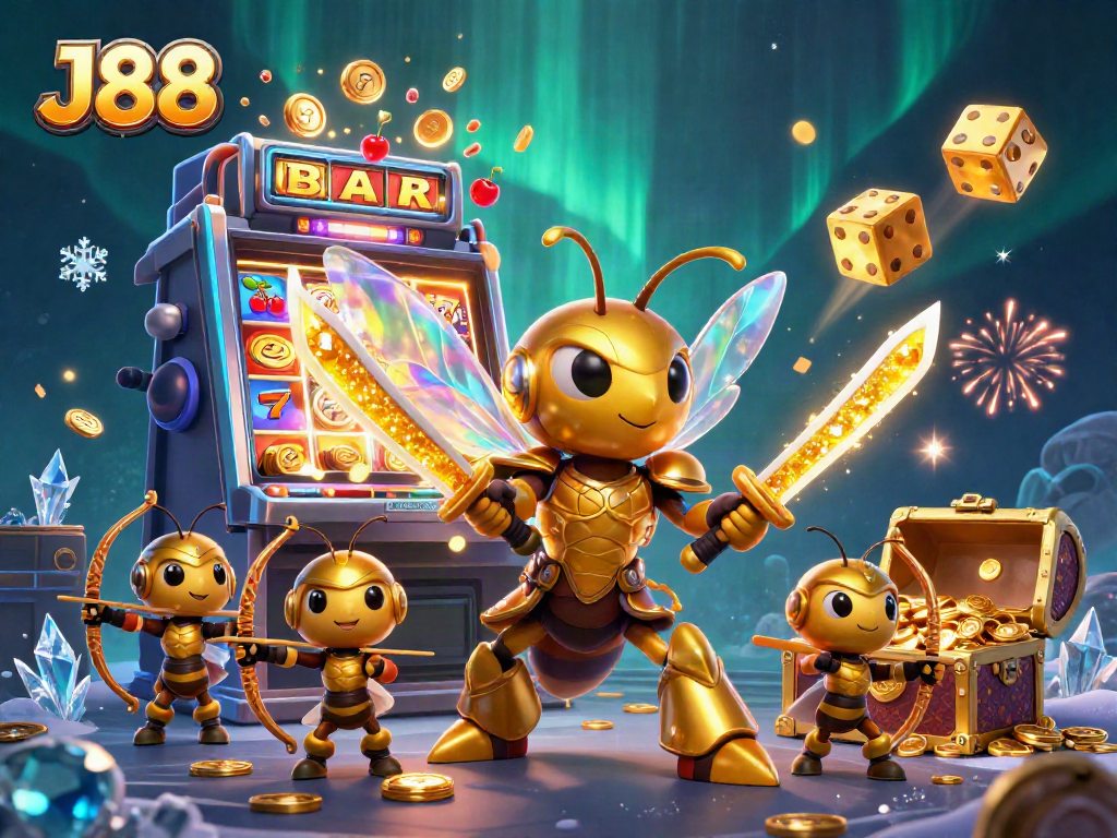 Experience the thrill of J88 with a 3D model of a golden hornet samurai amidst casino icons.