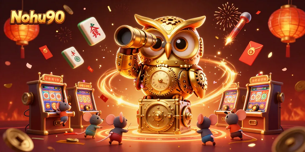 Nohu90 showcases a golden owl and lively casino scene with slot machines and festive elements.