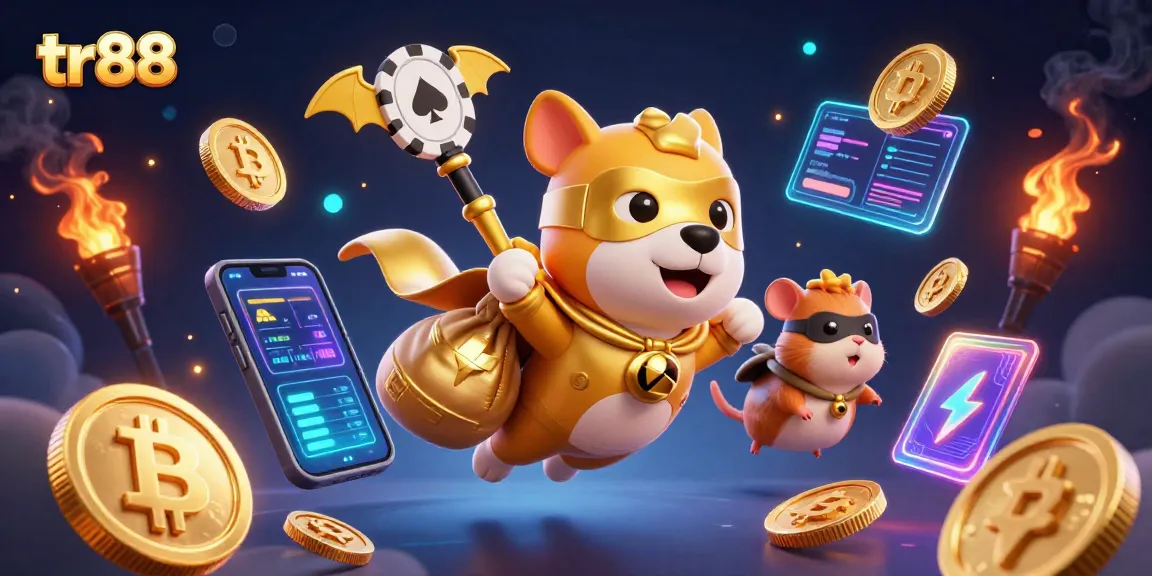 Engaging players with tr88, the superhero dog and hamster fly with golden coins in a vibrant casino layout.