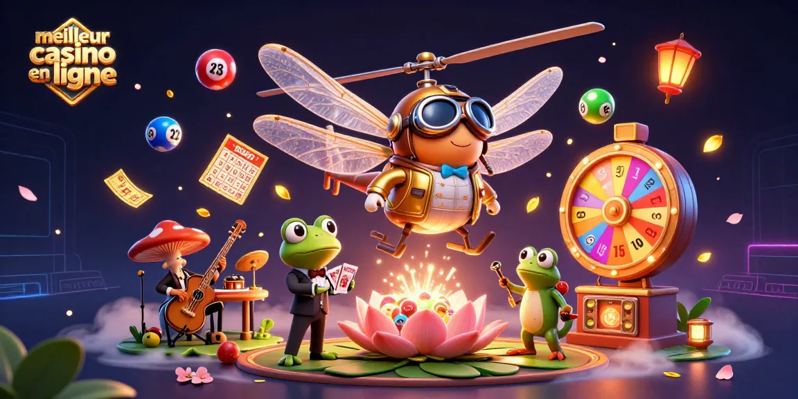 Illustration dynamique du meilleur casino en ligne, mettant en scène un pilote libellule, un croupier grenouille, et des musiciens, entourés d'éléments de jeu.