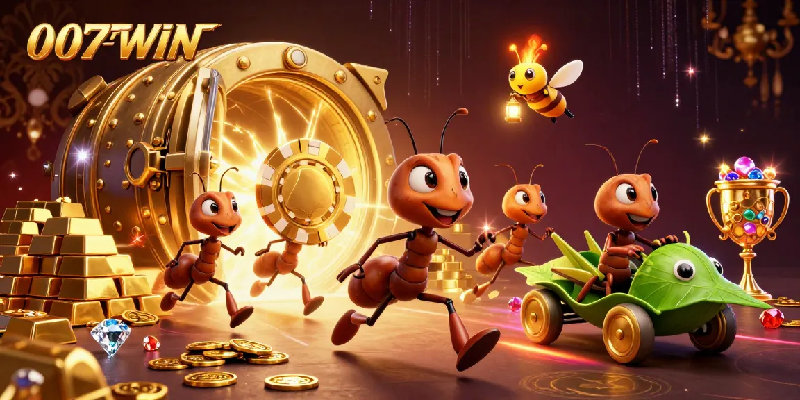 Discover 007WIN's dynamic casino adventure filled with golden chips and treasure in this vibrant illustration.
