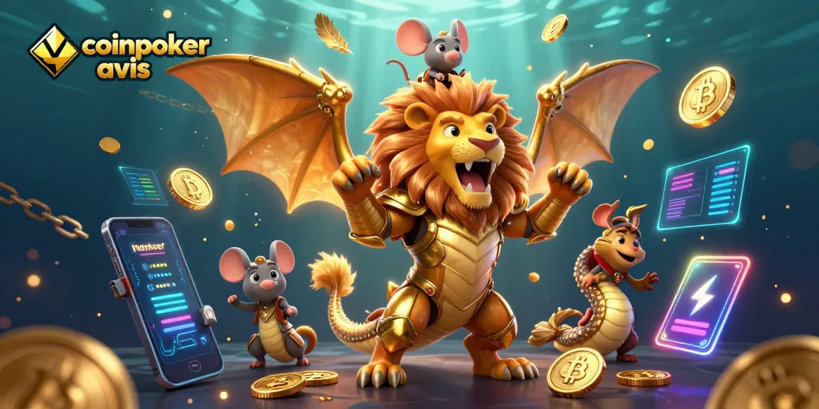 Découvrez le coinpoker avis et explorez l'univers des jeux crypto avec une illustration dynamique contenant des éléments de casino.