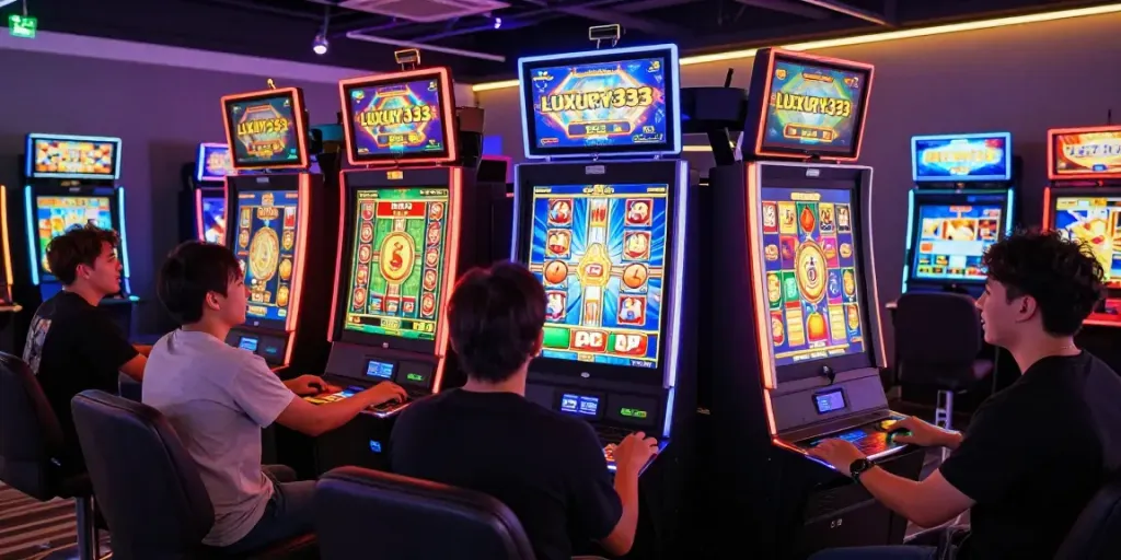 Luxury333 online gaming room showcasing engaged players at slot machines with colorful screens and dynamic animations.
