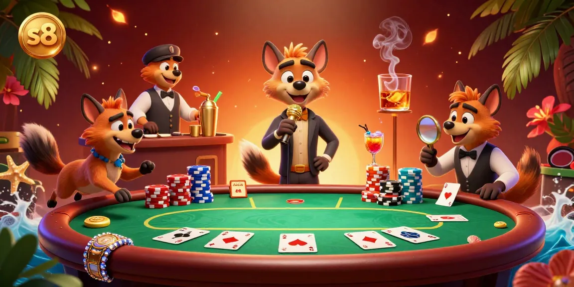 Engaging floor of the s8 casino with hyenas in a comedy club setting, vibrant poker elements.