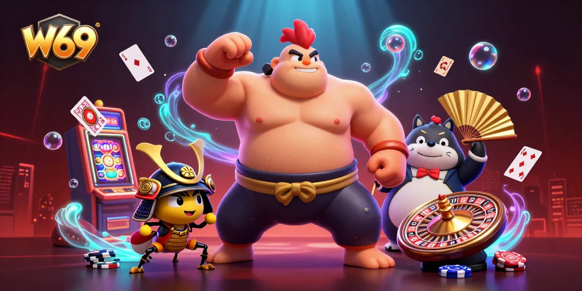 W69 casino illustration featuring a powerful sumo rooster and samurai cricket amidst vibrant gaming elements.