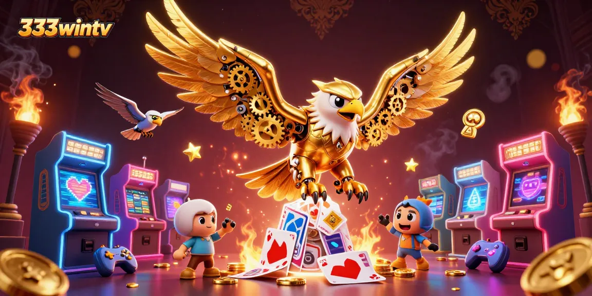 Experience gaming excitement with the cybernetic eagle soaring over holographic cards at 333wintv.