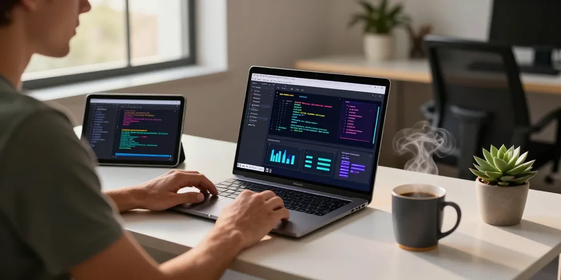 AI laptop showcased in a modern tech workspace with vibrant coding visuals, enhancing productivity.