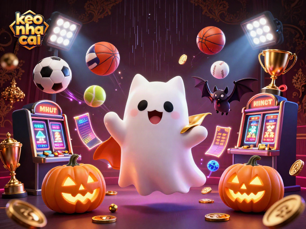 Engage with keo nha cai in a vibrant gaming scene featuring a friendly ghost cat and vampire bat in a haunted casino.