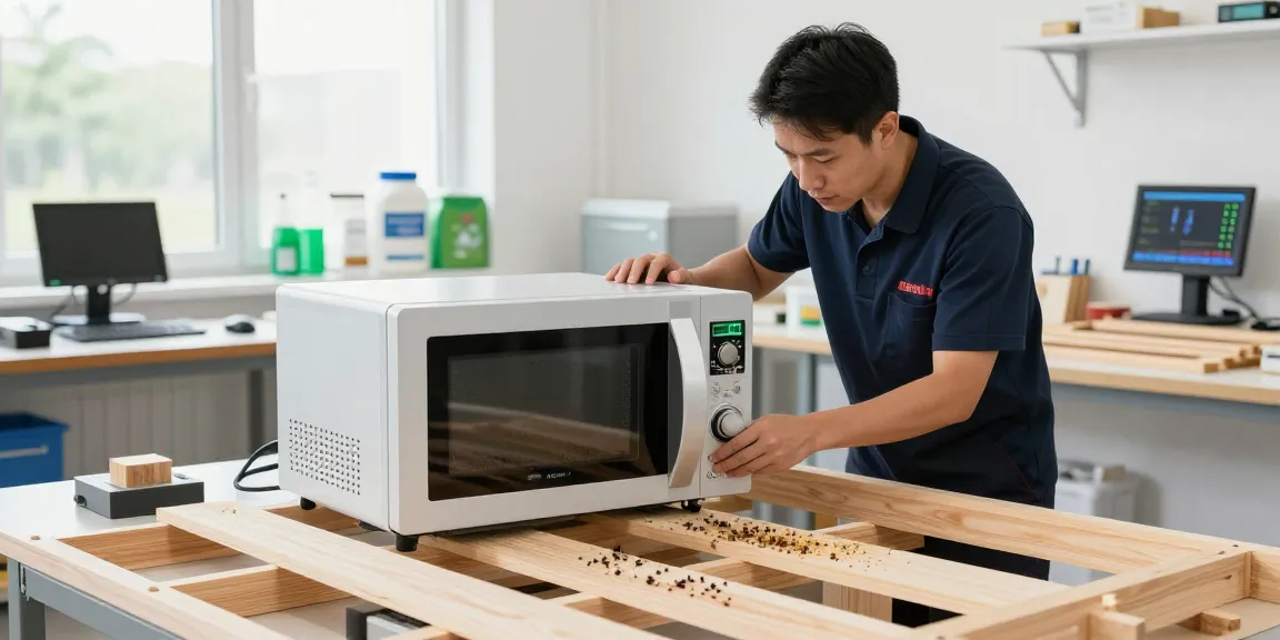 Shashel microwave technology in action, effectively eliminating wood-boring insects in a modern workshop.