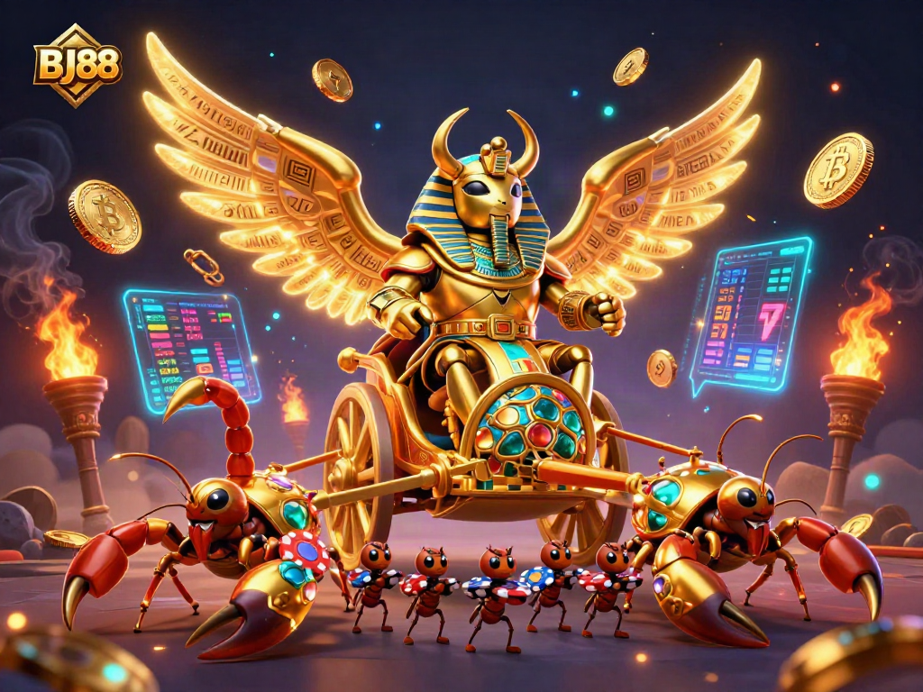 Engage in thrilling gameplay at BJ88 with golden scarab and scorpion elements representing casino excitement.
