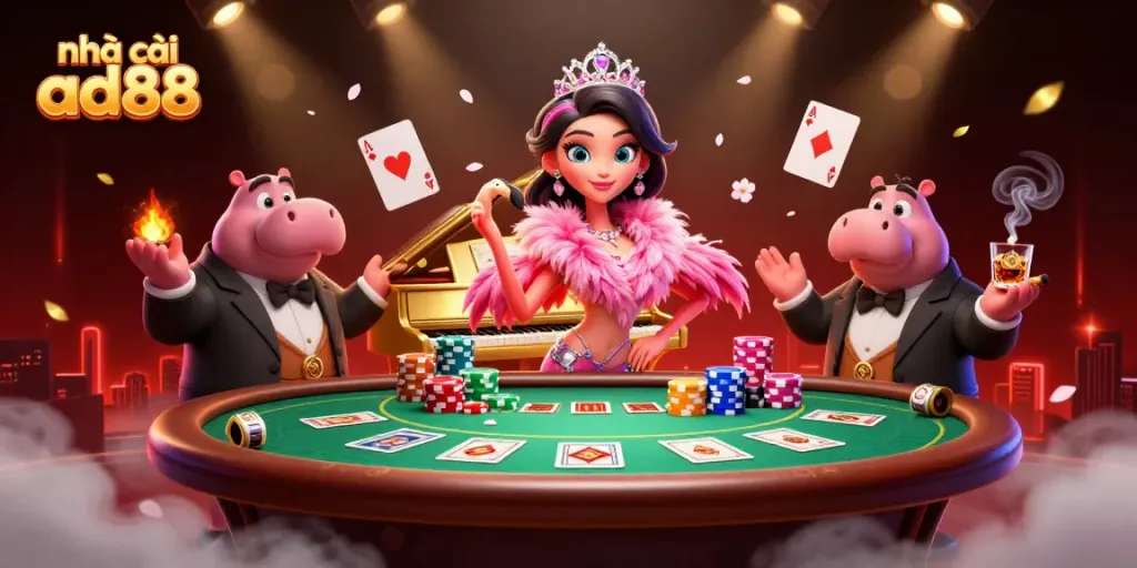 Experience the thrill at nhà cái ad88 with a vibrant casino scene featuring colorful poker elements and lively characters.